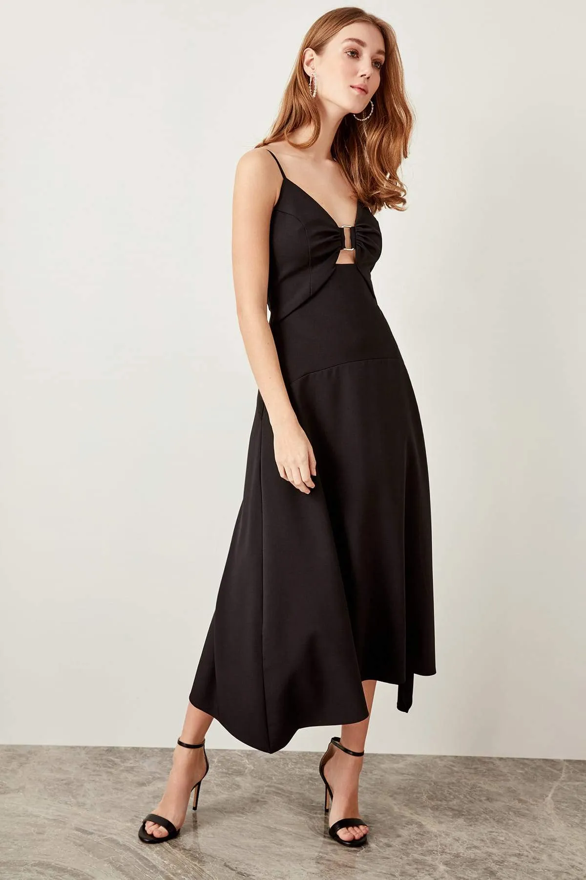 10885 Black Cutout Waist Asymmetrical Dress