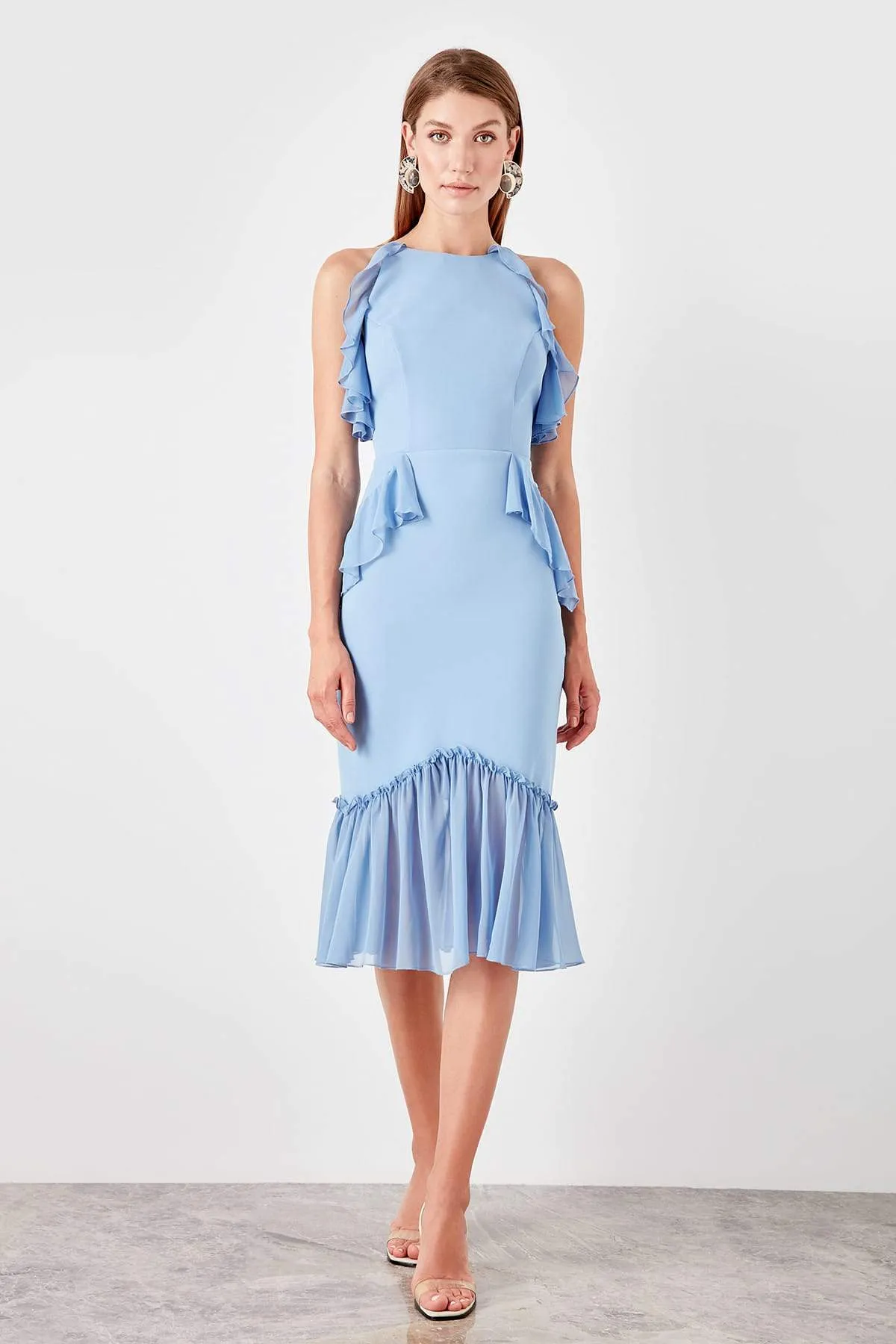 11601 Blue Chiffon Frill Dress