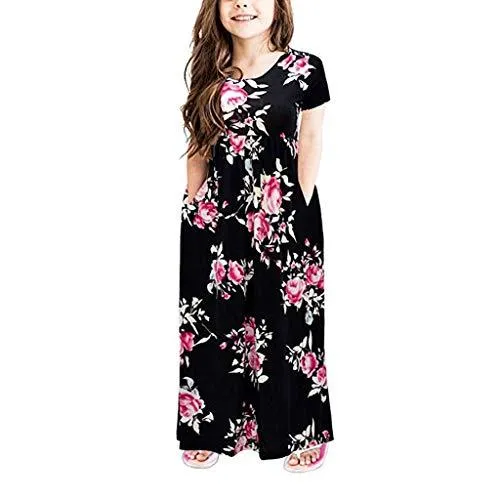 6-14 Years, Newest Toddler Baby Girls Floral Flowers Pocket Dresses Kids Party Beachwear Dresses