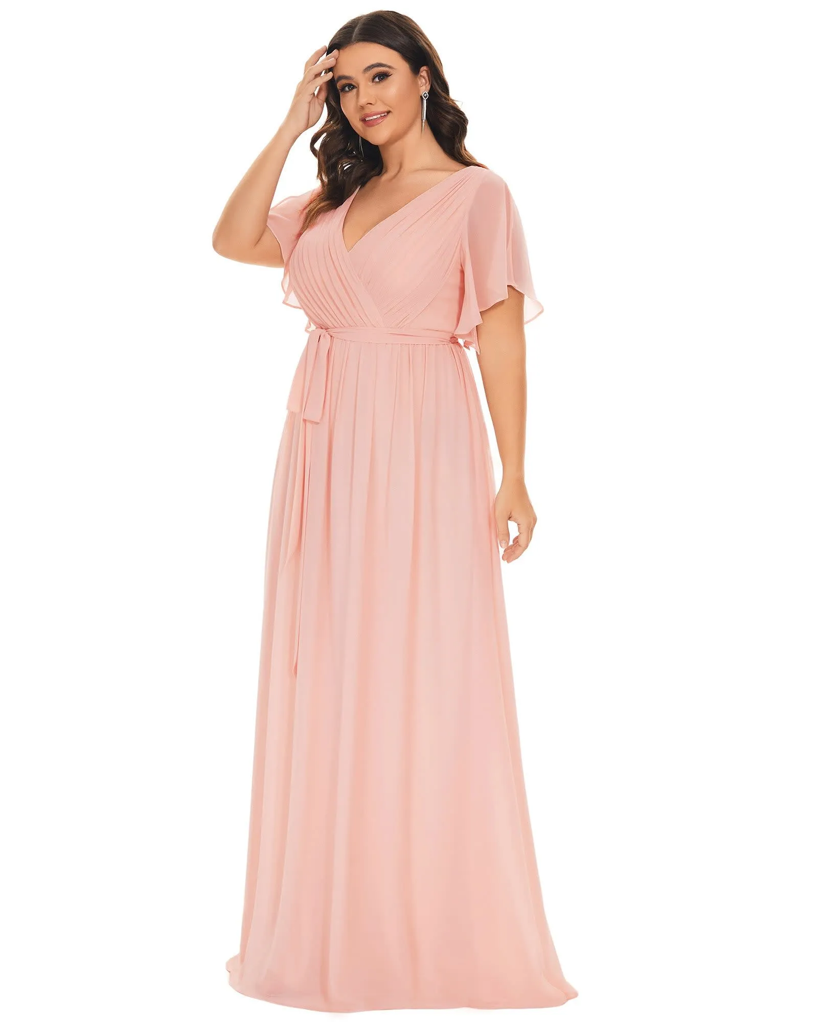 A-Line Pleated Chiffon Tie-Waist Evening Dress | Pink