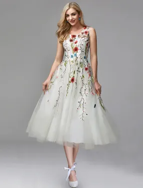 A-Line Prom Dresses Floral Dress Engagement Tea Length Sleeveless Jewel Neck Chiffon with Lace Insert Appliques