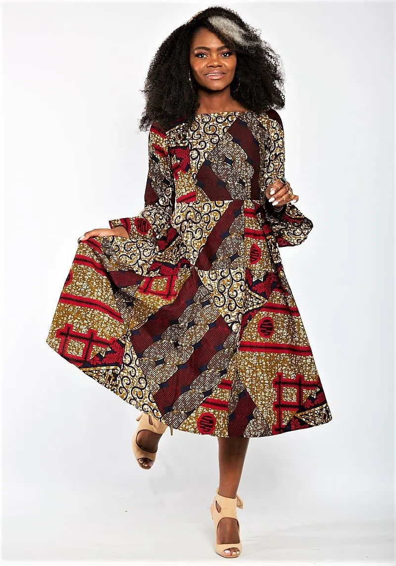 Aisha African Print Flare Midi Dress in Long sleeves