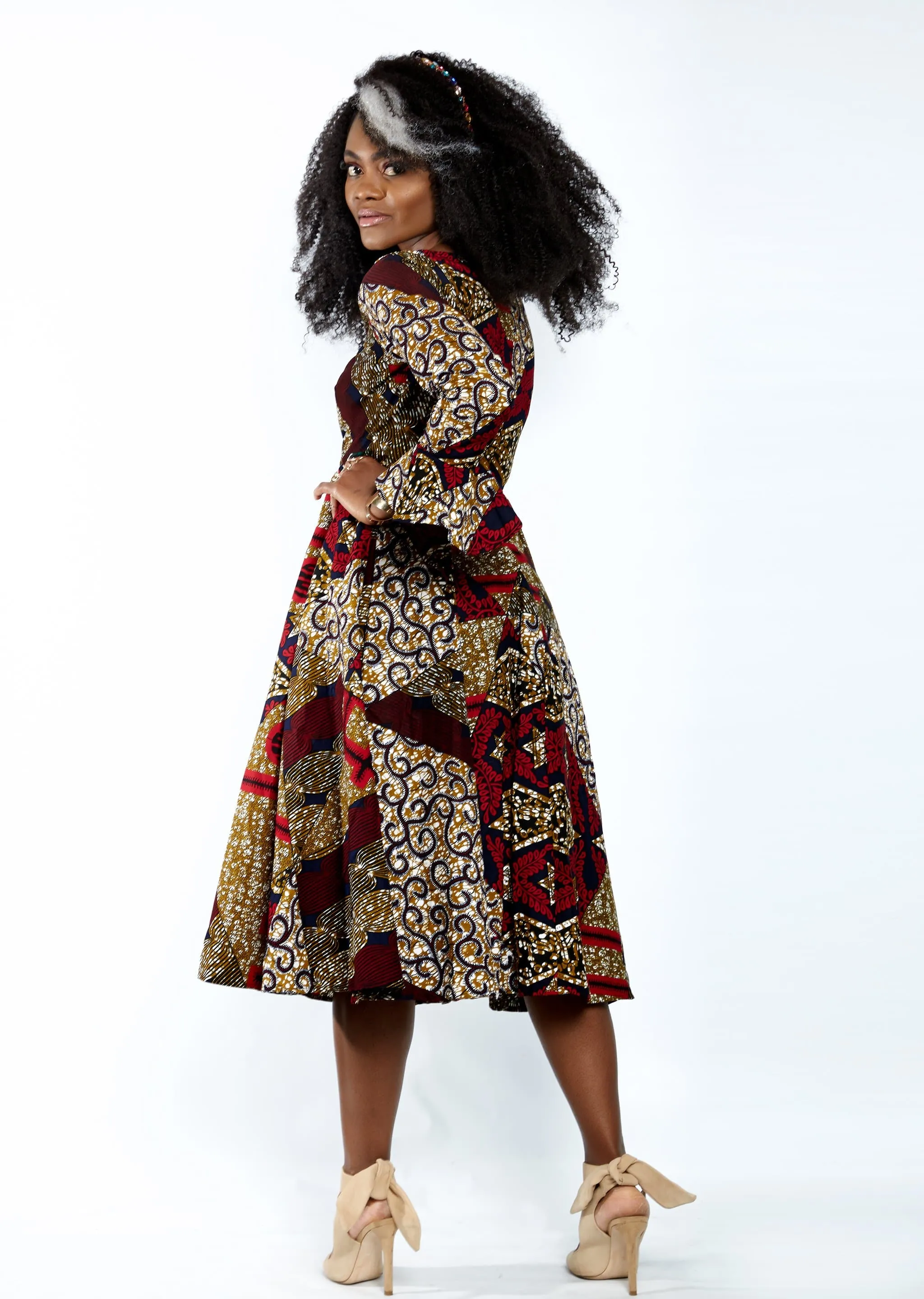 Aisha African Print Flare Midi Dress in Long sleeves