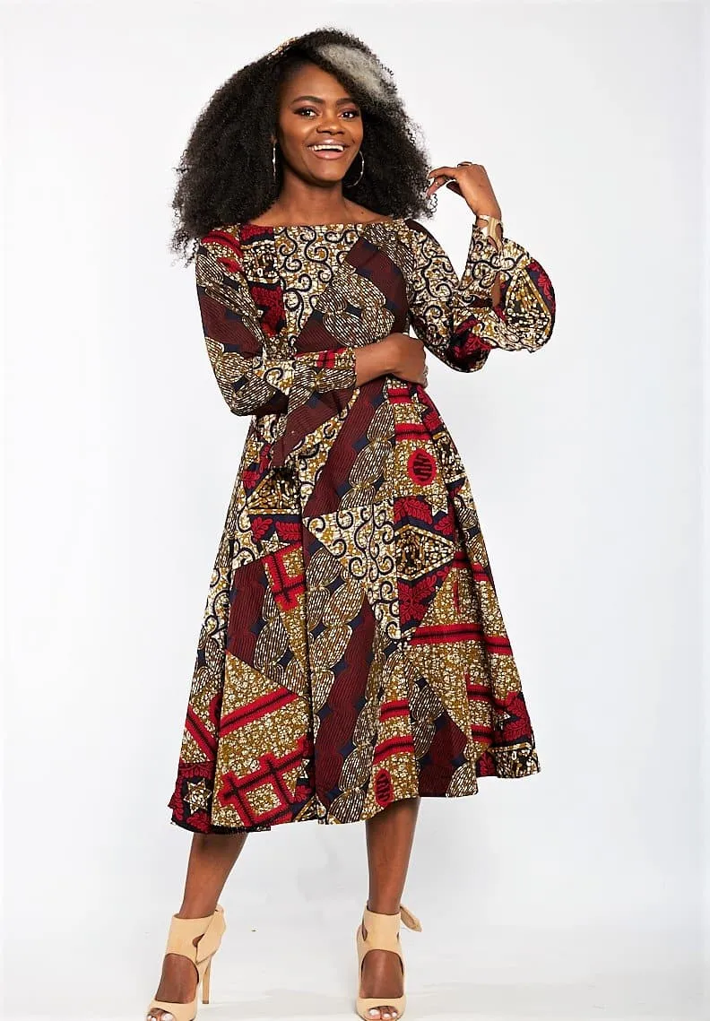 Aisha African Print Flare Midi Dress in Long sleeves