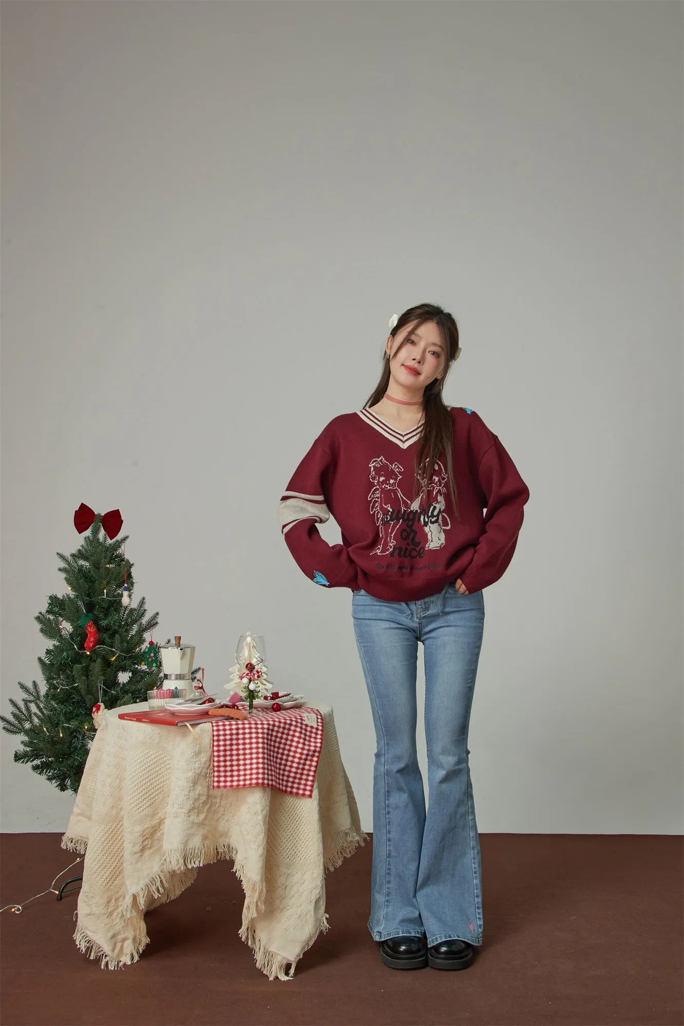 Angel And Devil V-Neck Knit Sweater