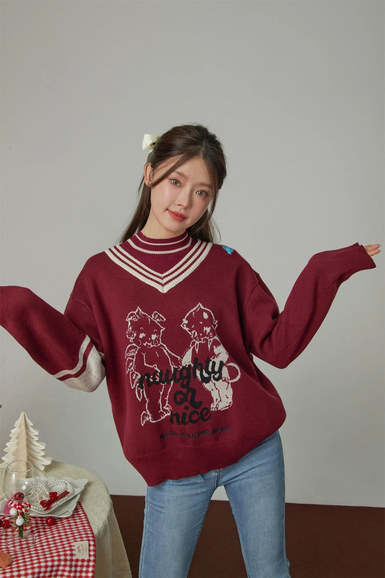 Angel And Devil V-Neck Knit Sweater