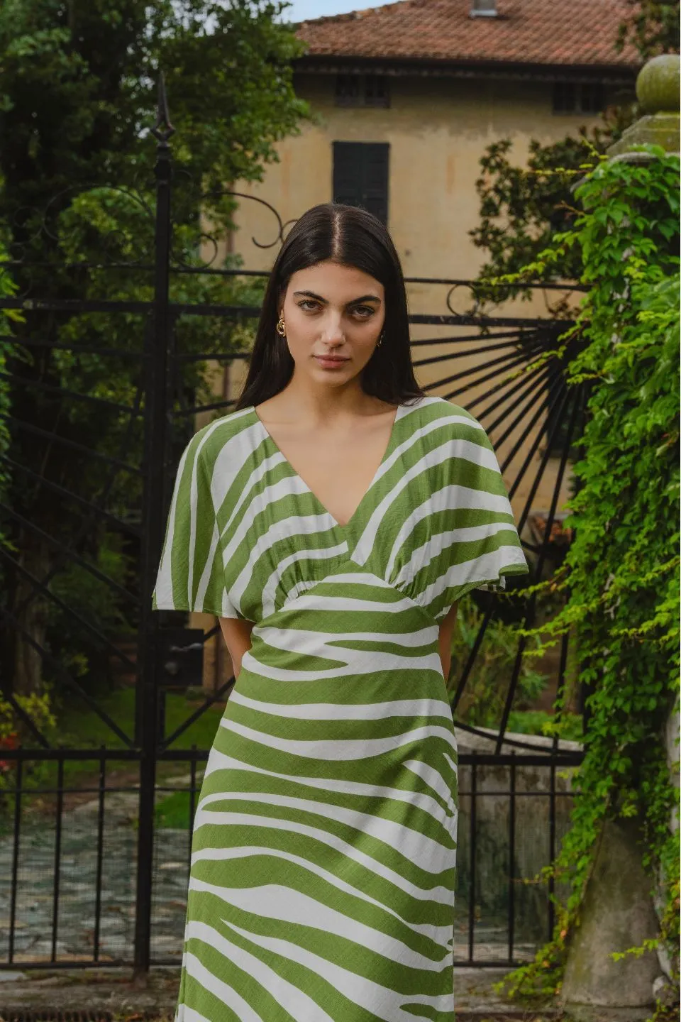 Anticipate Green Zebra Kimono Short Sleeve Bias Maxi Dress