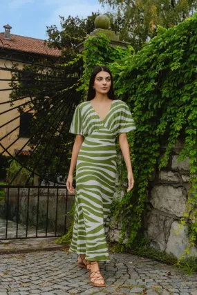 Anticipate Green Zebra Kimono Short Sleeve Bias Maxi Dress