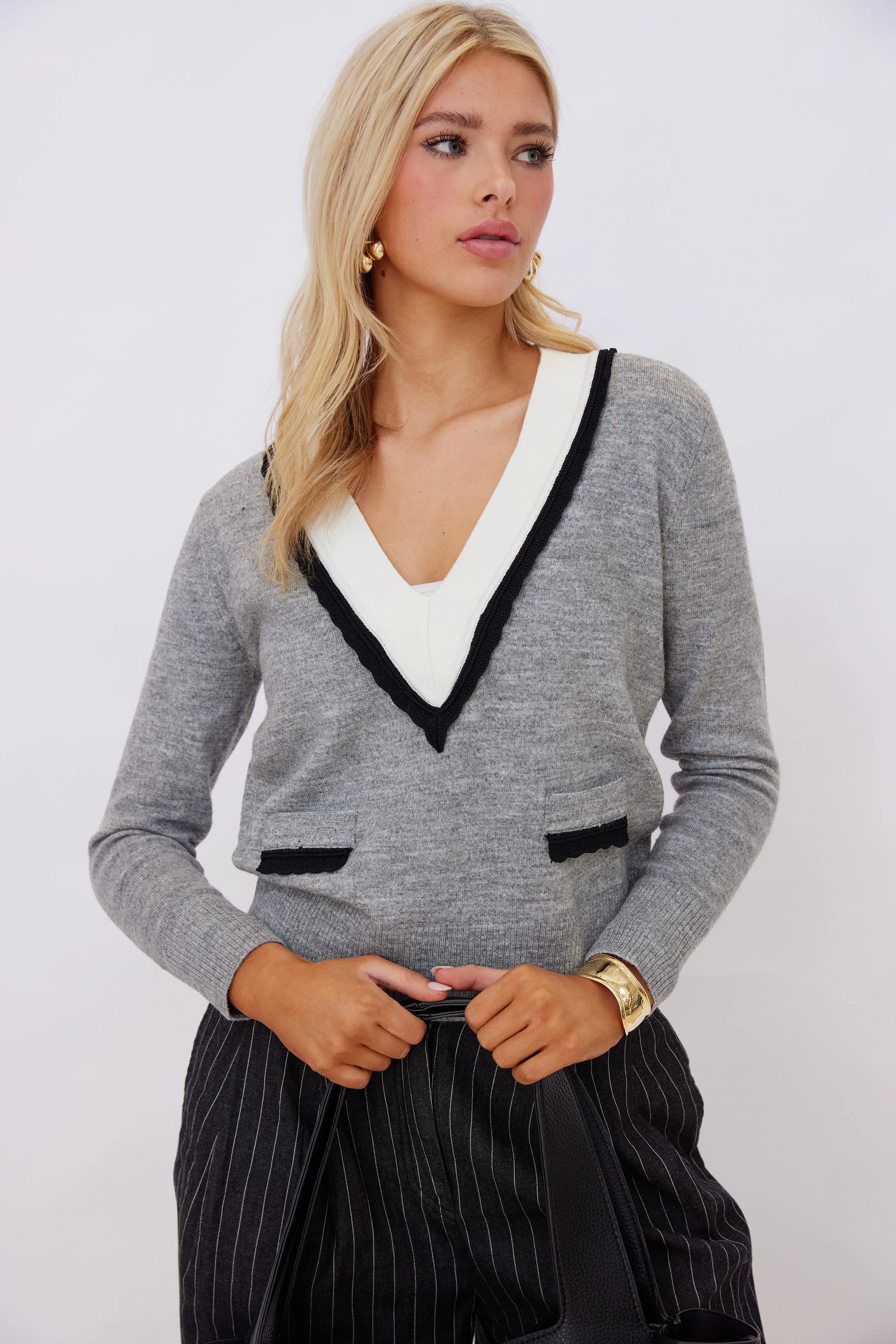 Ayden Contrast Deep V Sweater