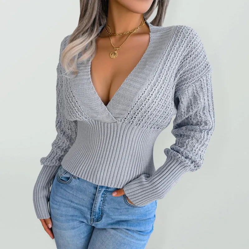 Bat Sleeve Deep V-neck Slim Waist Knit Sweaters