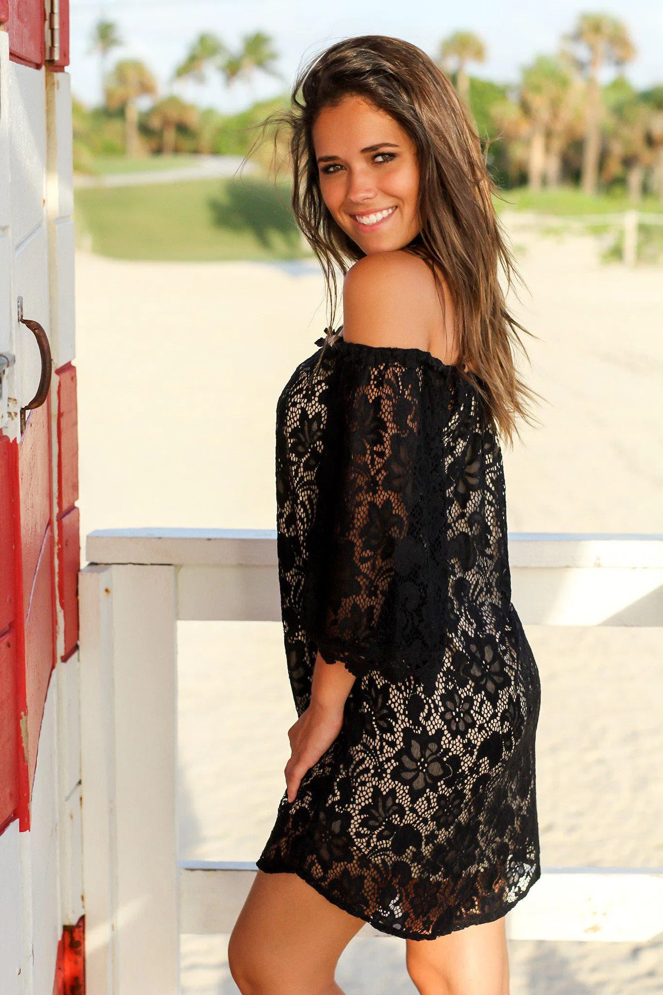 Black Lace Off Shoulder Short Dress With 3/4 Sleeves