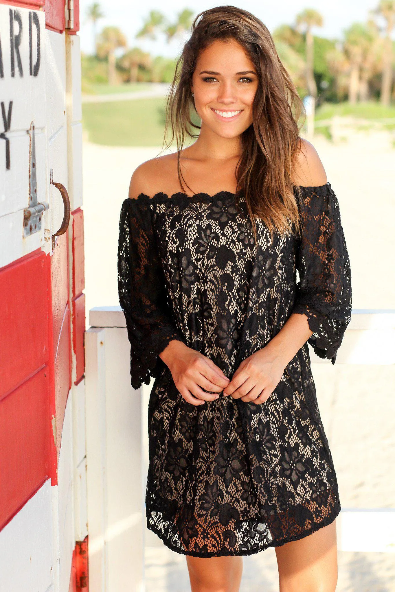 Black Lace Off Shoulder Short Dress With 3/4 Sleeves