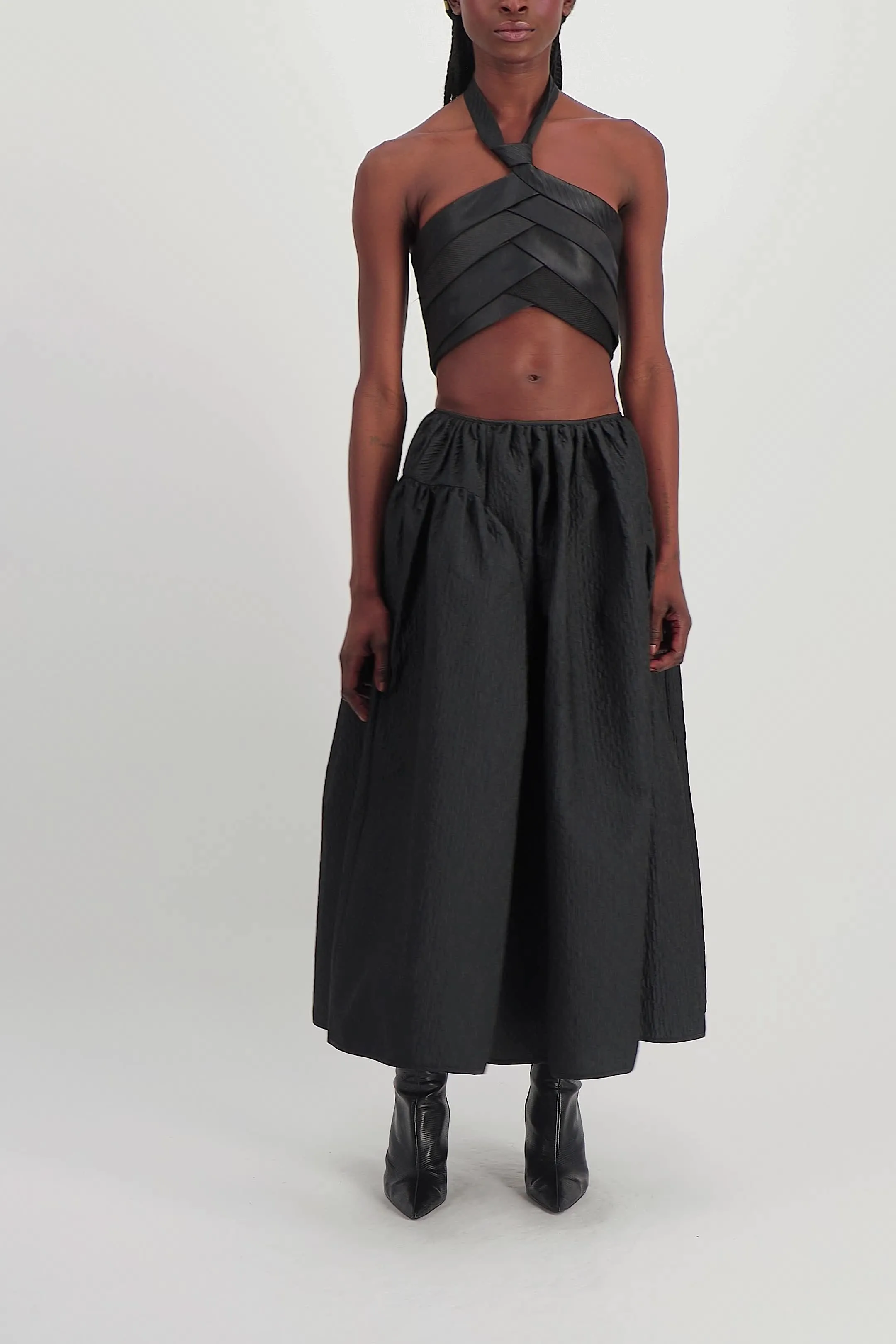 Black satin A-line maxi skirt