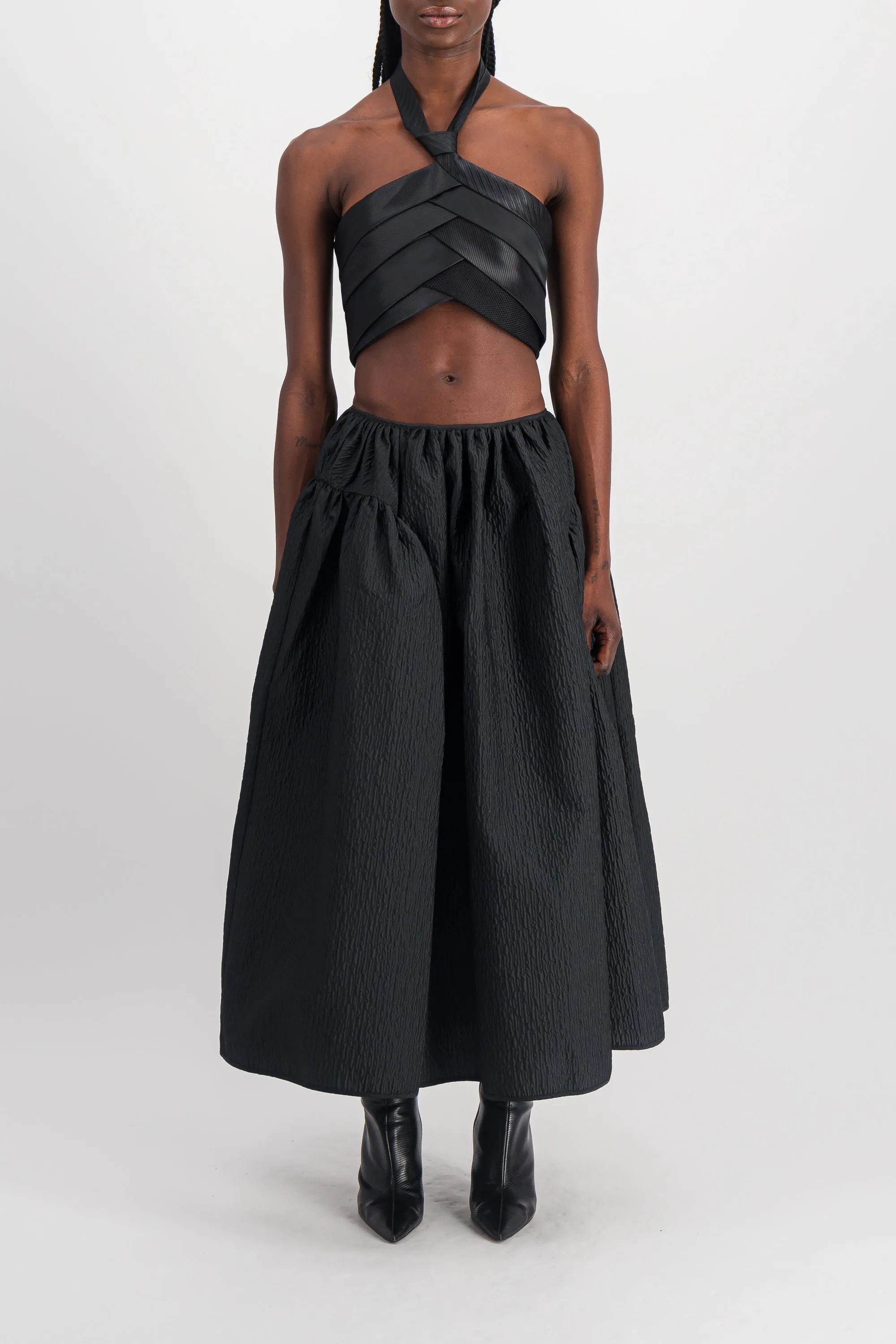 Black satin A-line maxi skirt