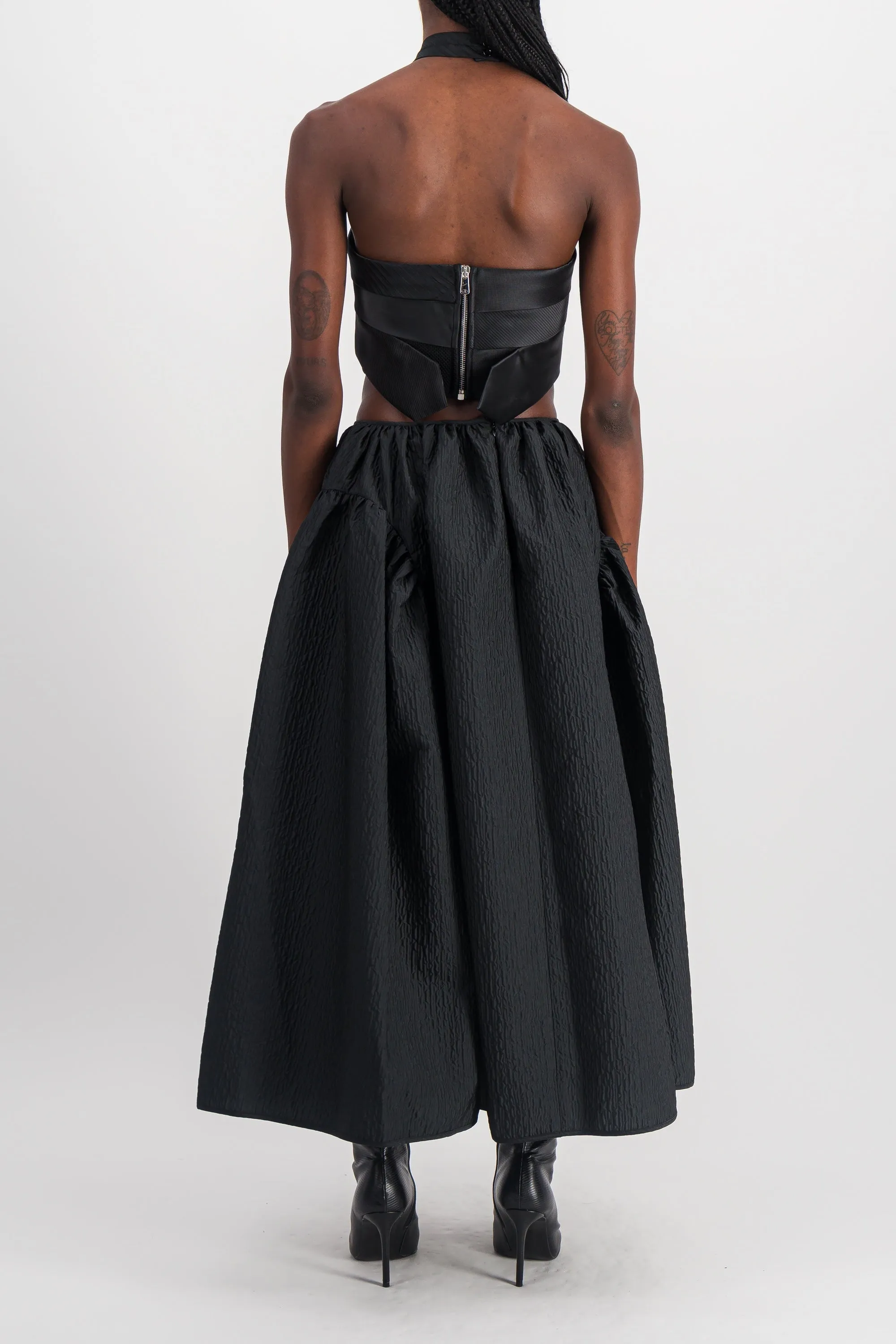 Black satin A-line maxi skirt