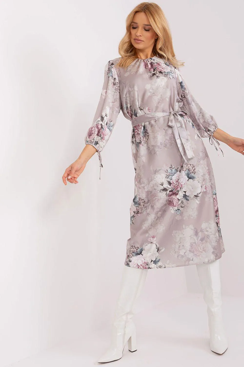 Blossom-Print Midi Dress with Elegant Puff Sleeves and Waist Tie