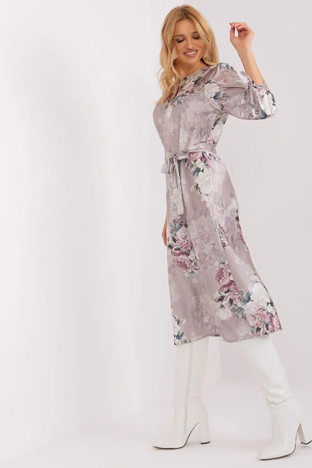 Blossom-Print Midi Dress with Elegant Puff Sleeves and Waist Tie