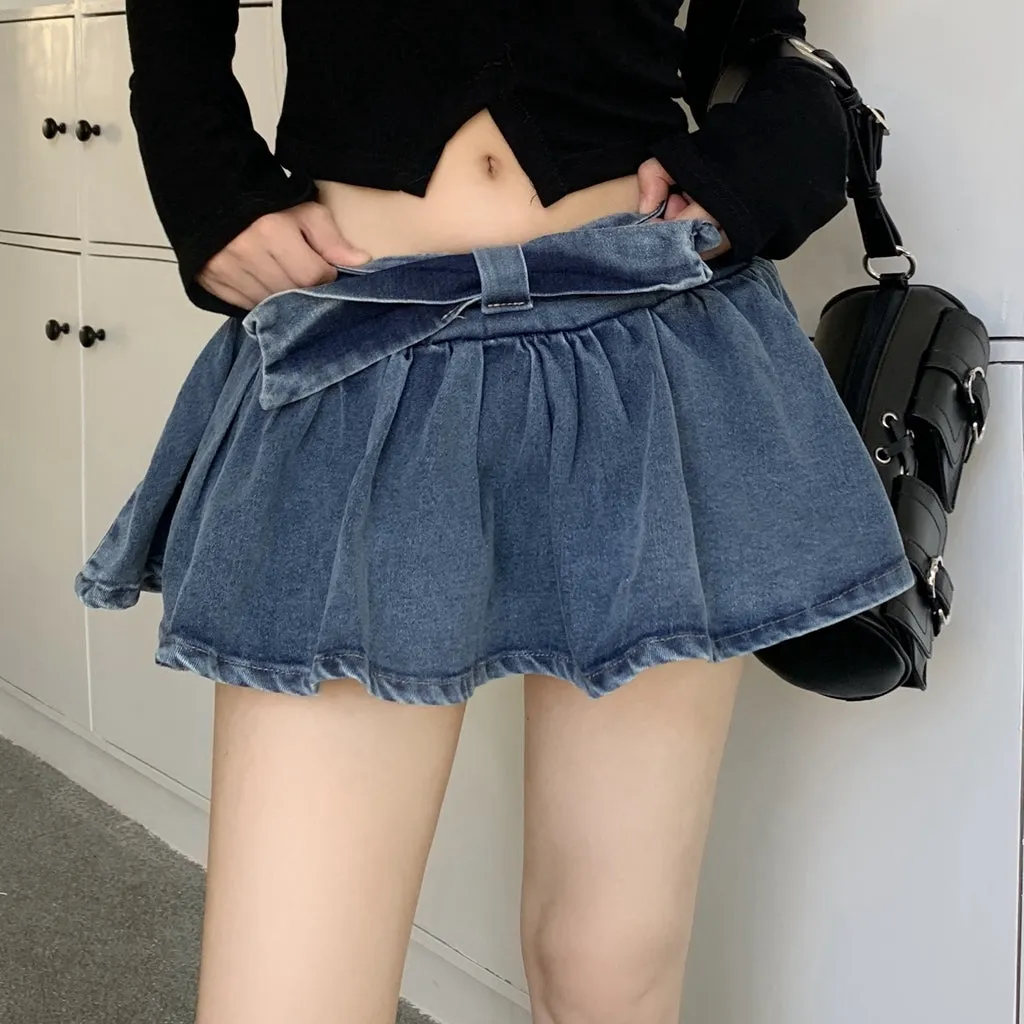 Blue Denim Bow A-Line Mini Skirt