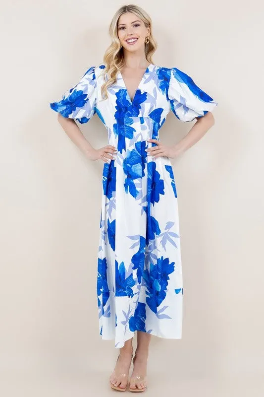 Blue Floral Print Short Bubble Sleeve V-Neck Dress