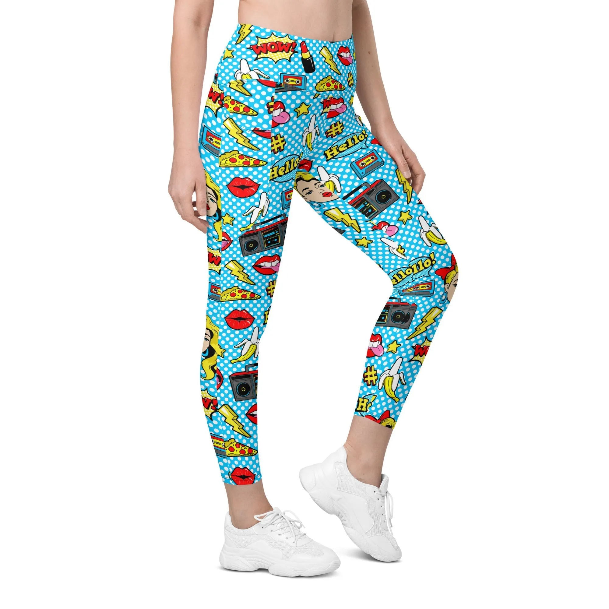 Blue Pop Art Pattern Leggings With Pockets