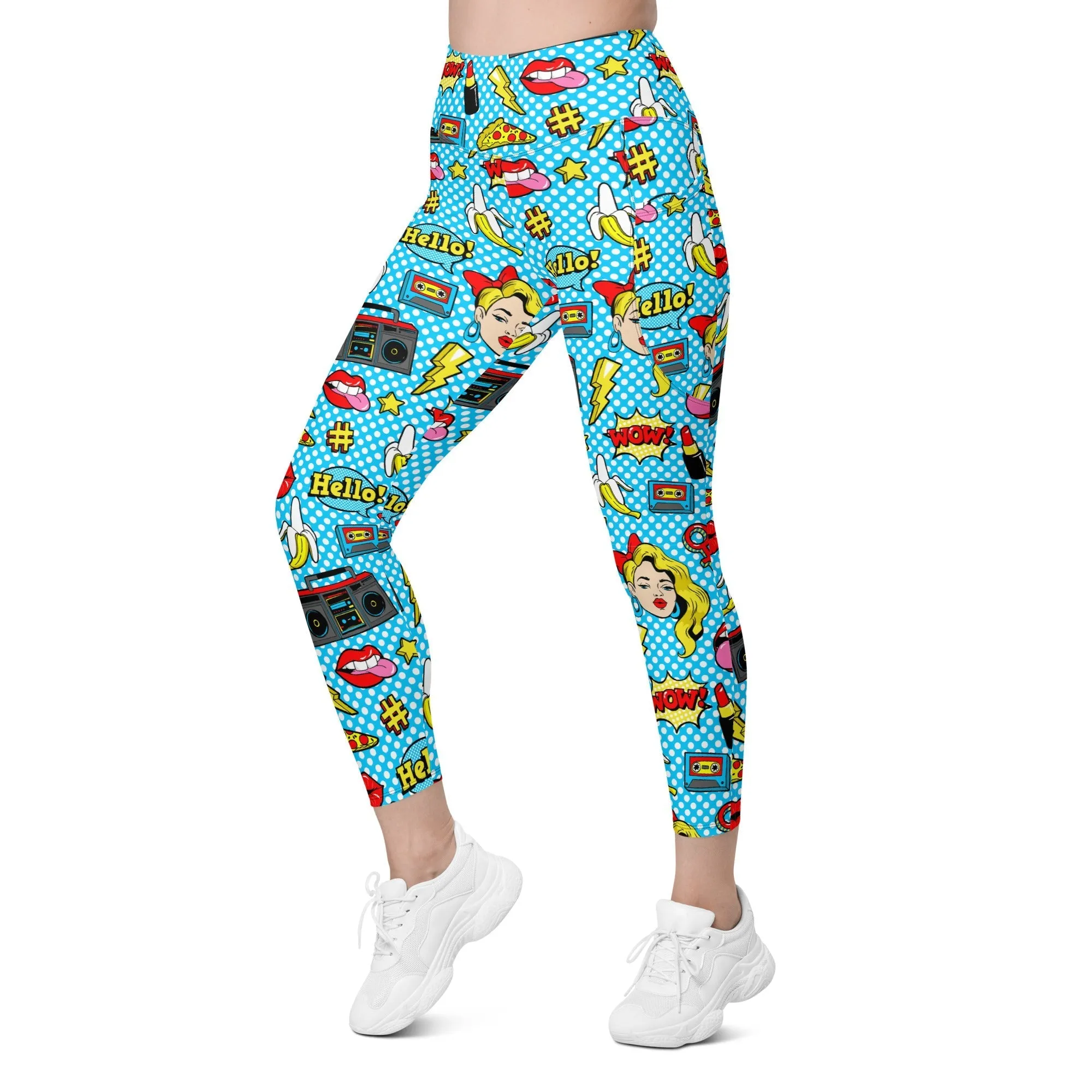 Blue Pop Art Pattern Leggings With Pockets