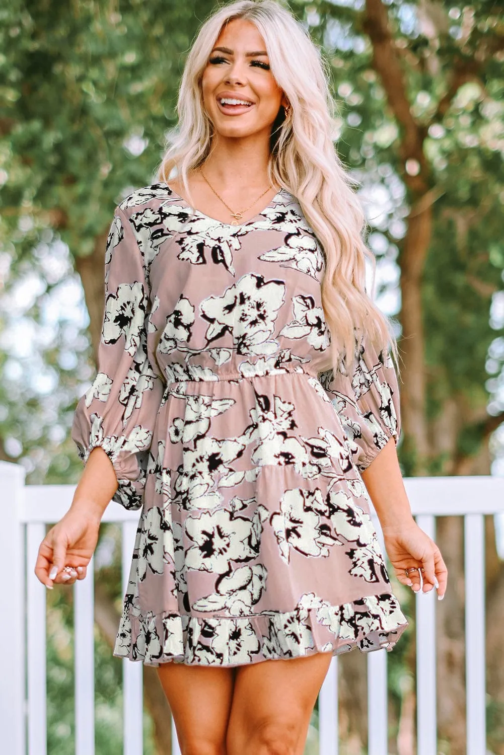 Boho Chic Apricot Blue Floral Tunic Dress with Lantern Sleeves