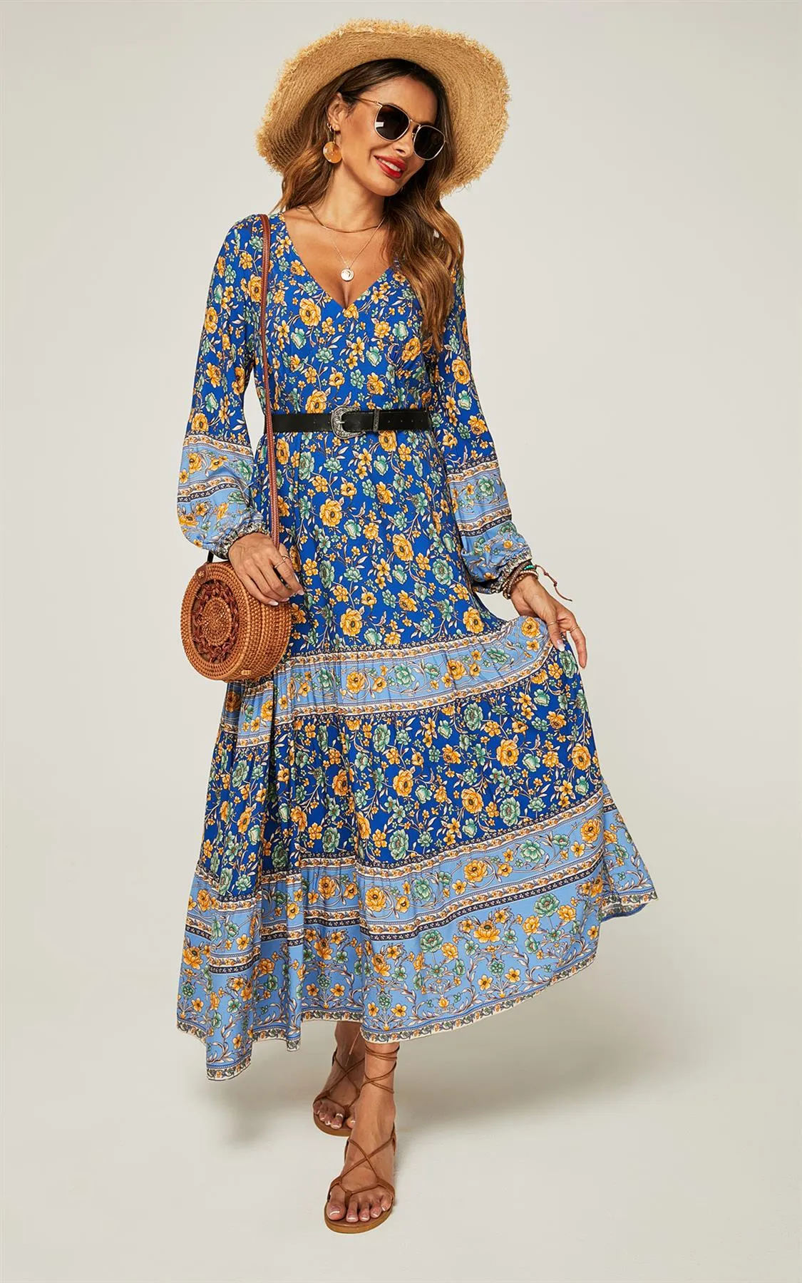 Boho Gold Floral Midi Summer Dress In Blue