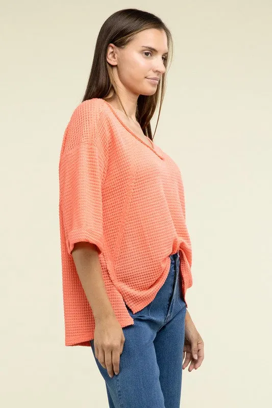 Brushed Waffle Exposed-Seam 3/4 Sleeve Top