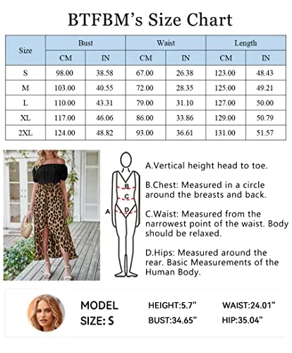 BTFBM Women Summer Dresses 2023 Casual Short Sleeve Off Shoulder Leopard Maxi Dresses Tiered Ruffle Split Long Dress Vacation（Black and Leopard Brown，XX-Large