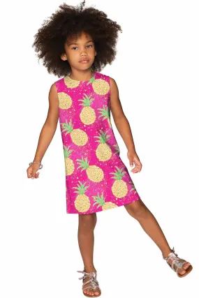 BUY 1 GET 4 FREE! Piña Colada Adele Pink Pineapple Print Shift Summer Dress - Girls