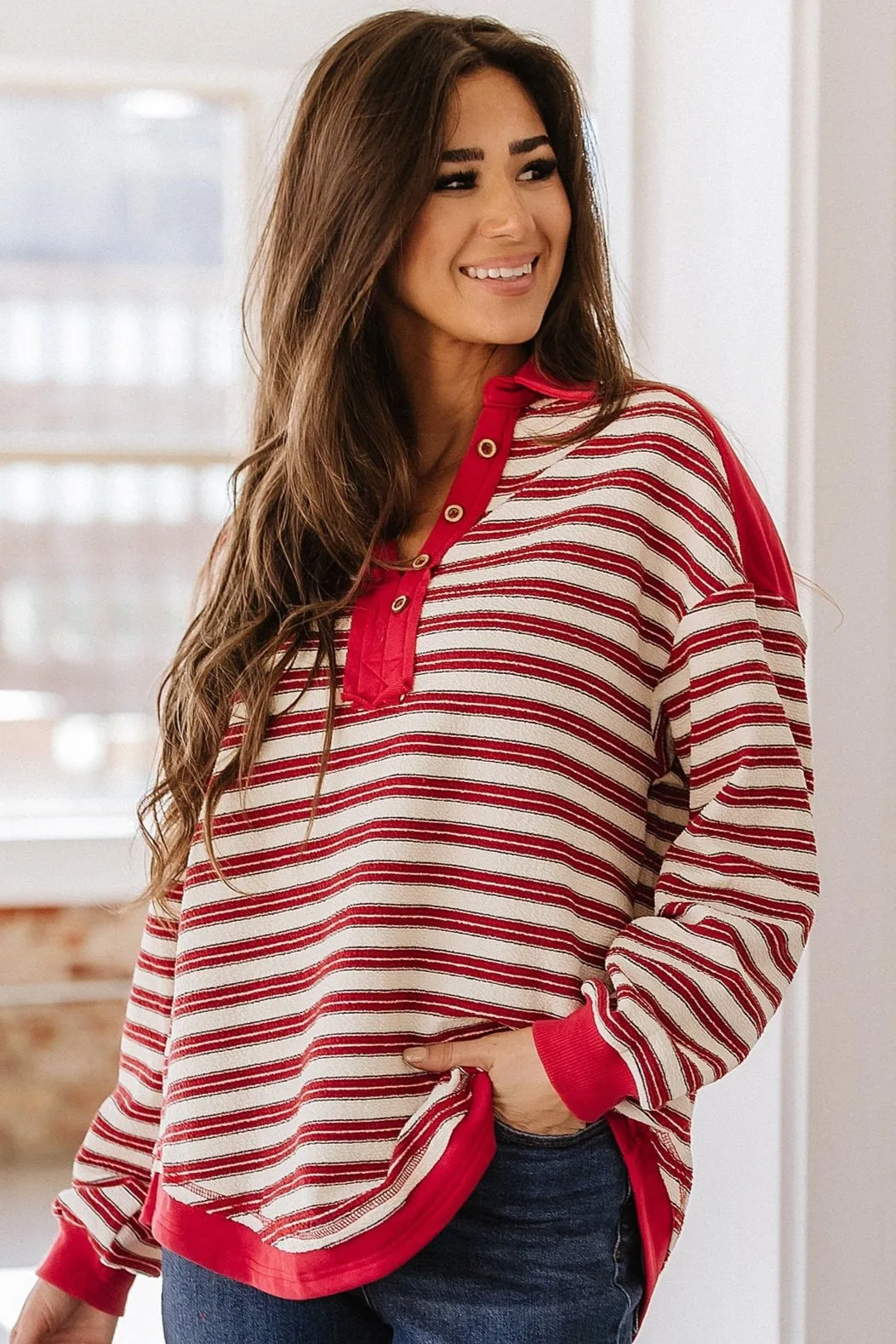 Calen Striped Collared V-Neck Top | S-2XL | PRE ORDER