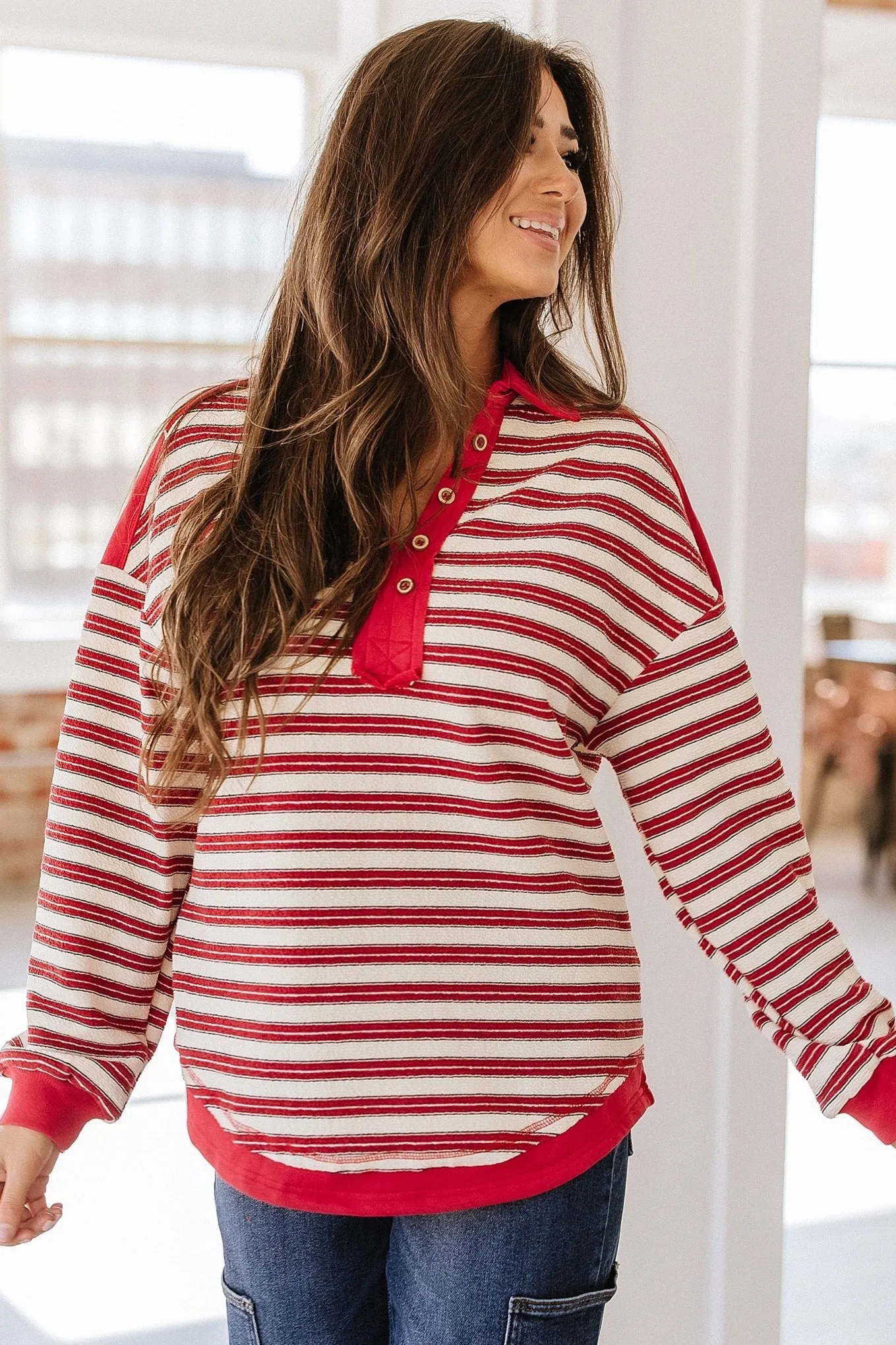 Calen Striped Collared V-Neck Top | S-2XL | PRE ORDER