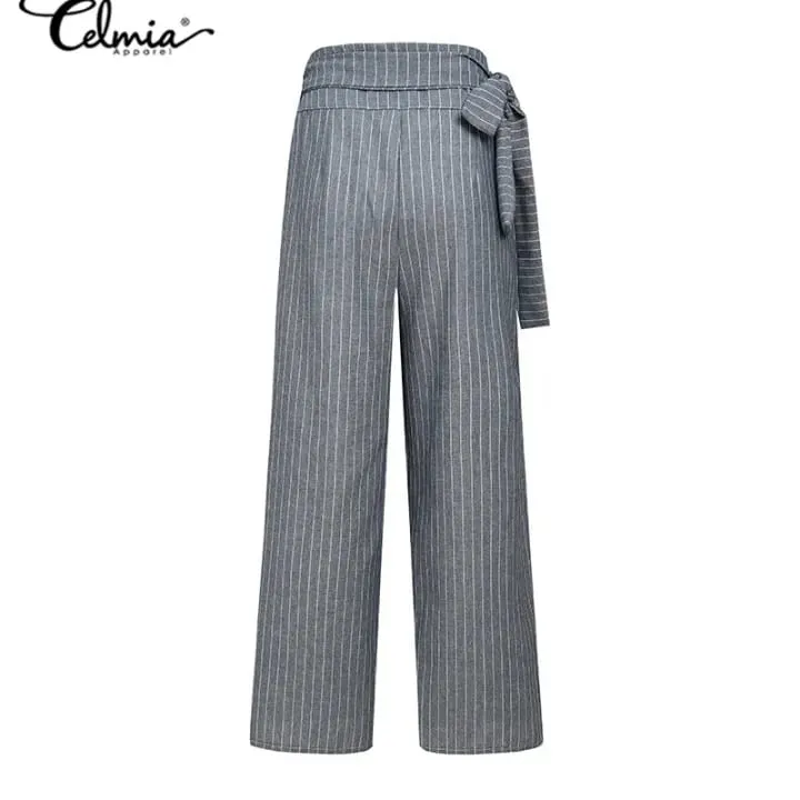 Celmia Women's Wide Leg Cotton Palazzo Pants High Waist Belted Pants Striped Pants 3XL S2390822