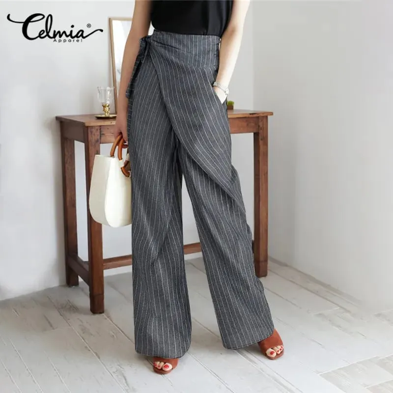 Celmia Women's Wide Leg Cotton Palazzo Pants High Waist Belted Pants Striped Pants 3XL S2390822