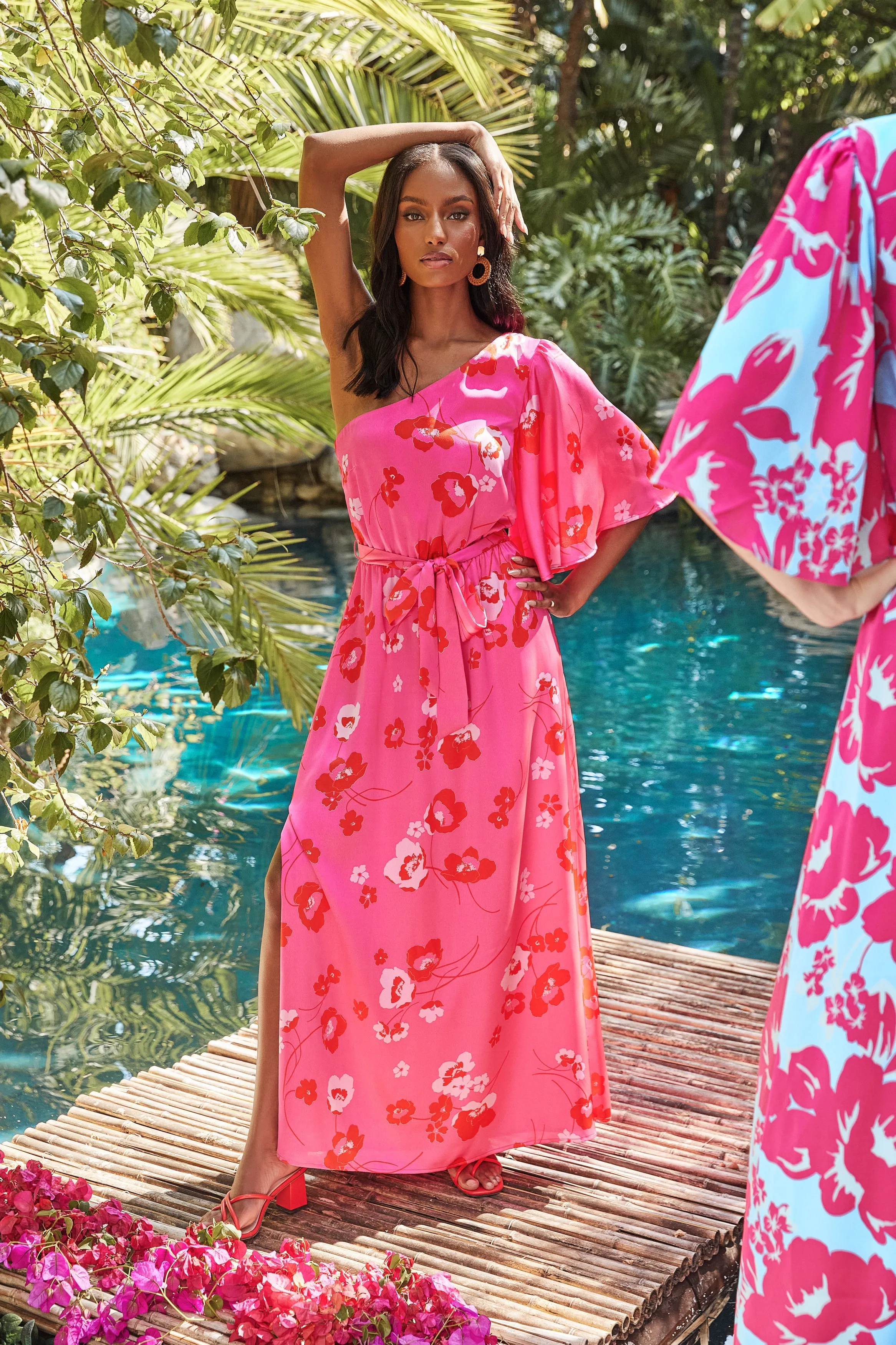 Cherry Blossom Meara One Shoulder Satin Maxi Dress