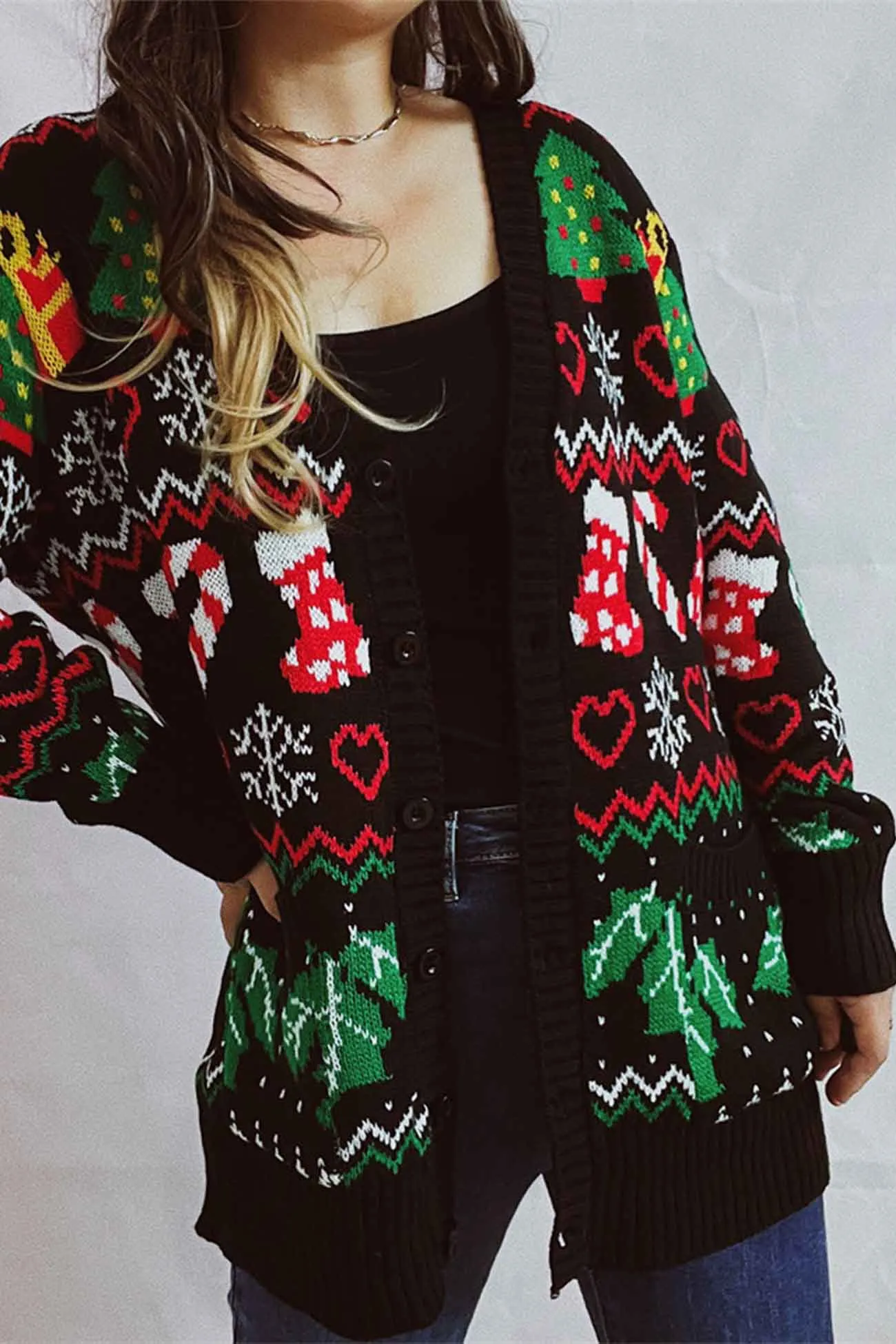 Christmas V Neck Jacquard Cardigan