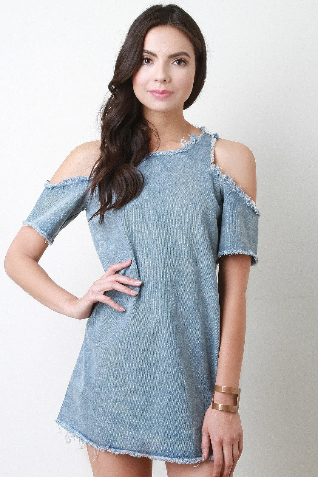 Cold Shoulder Fringed Denim Shift Dress