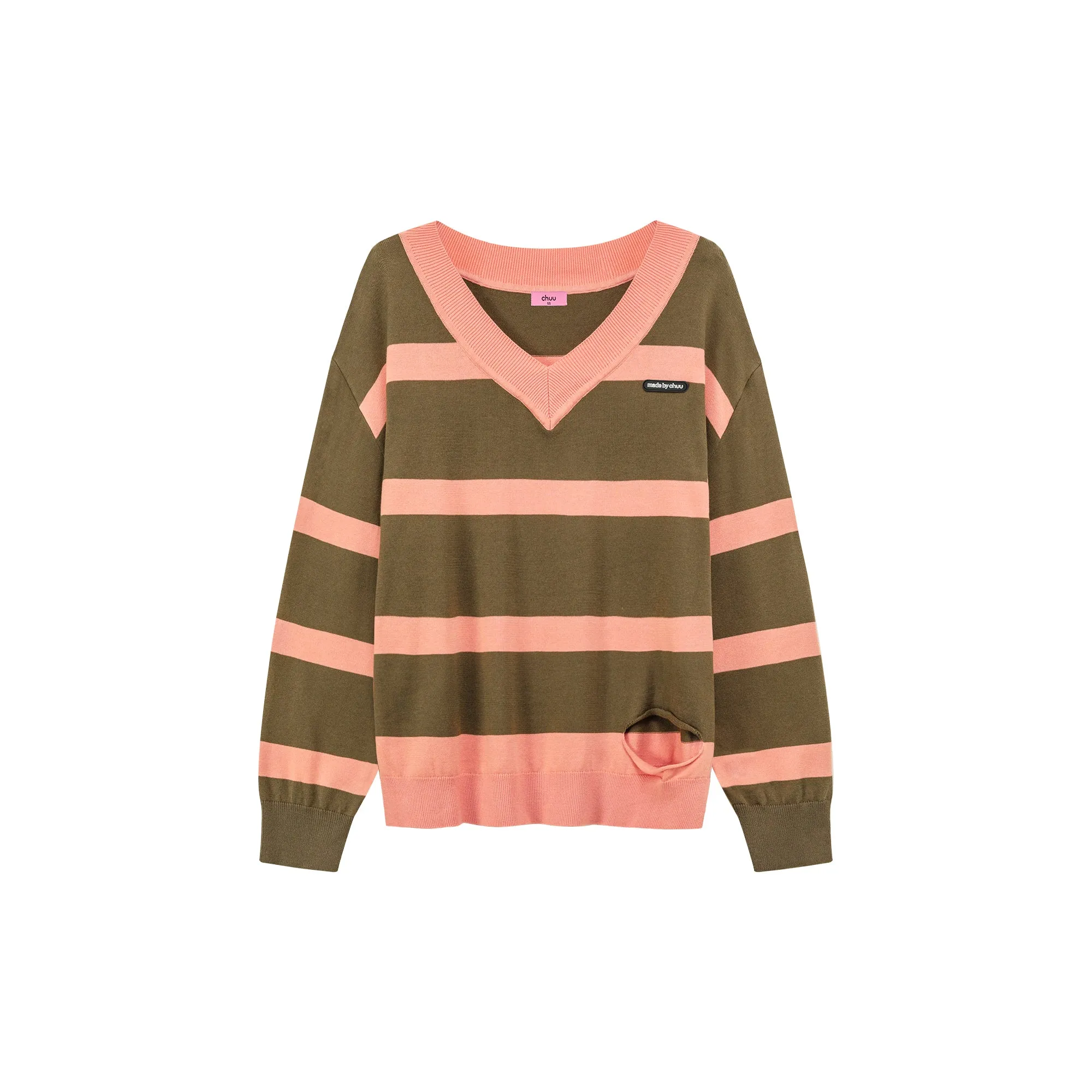 Color Matching V-Neck Striped Knit Sweater