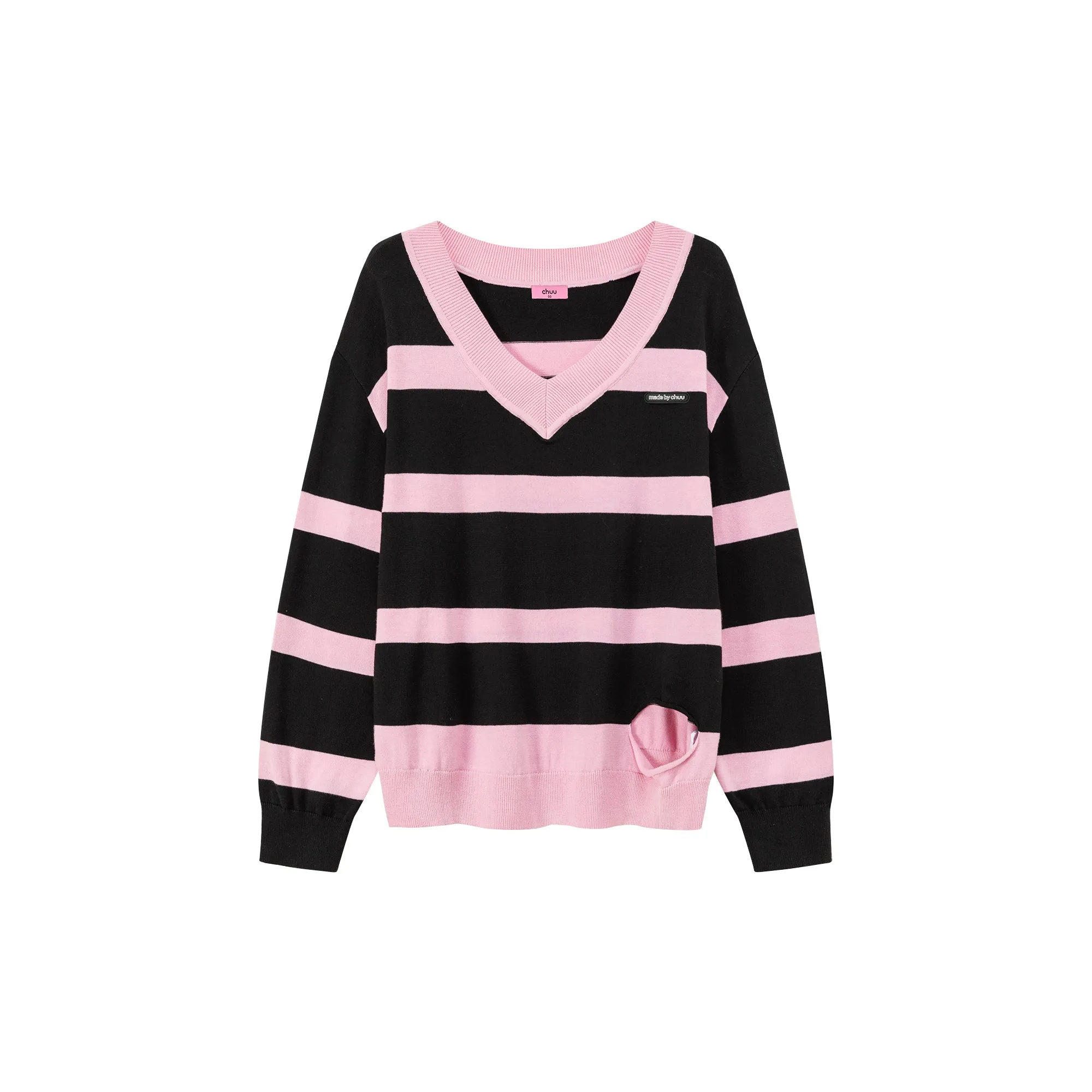 Color Matching V-Neck Striped Knit Sweater