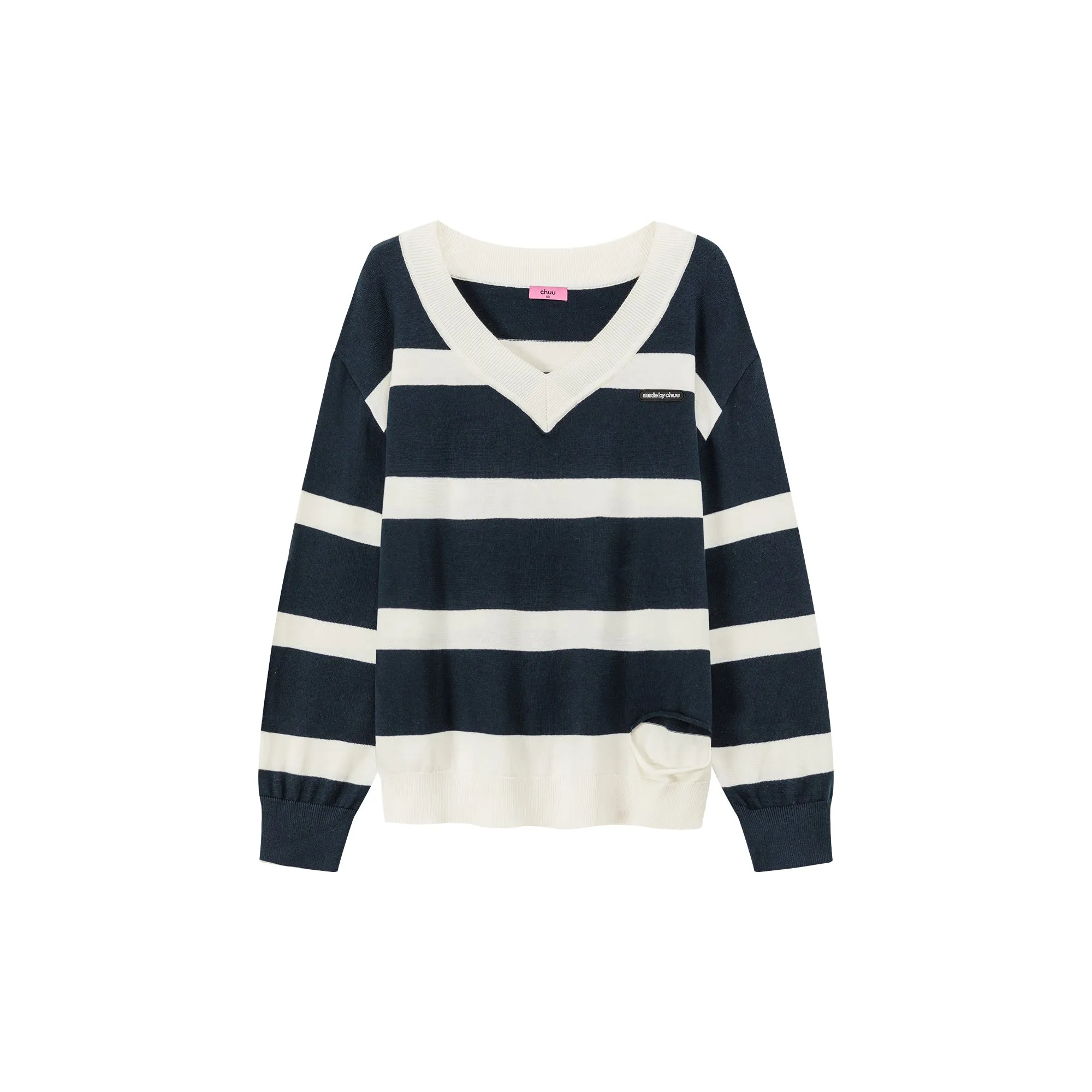 Color Matching V-Neck Striped Knit Sweater