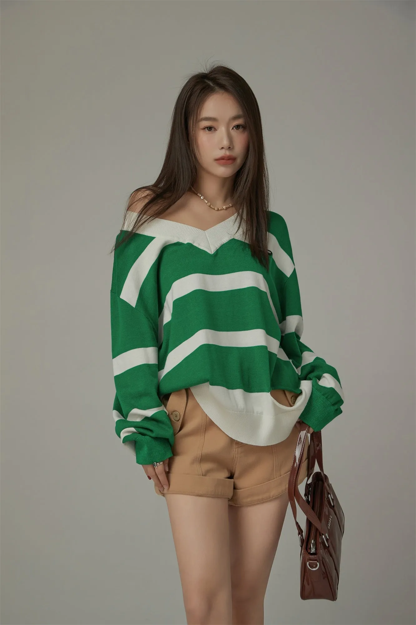 Color Matching V-Neck Striped Knit Sweater