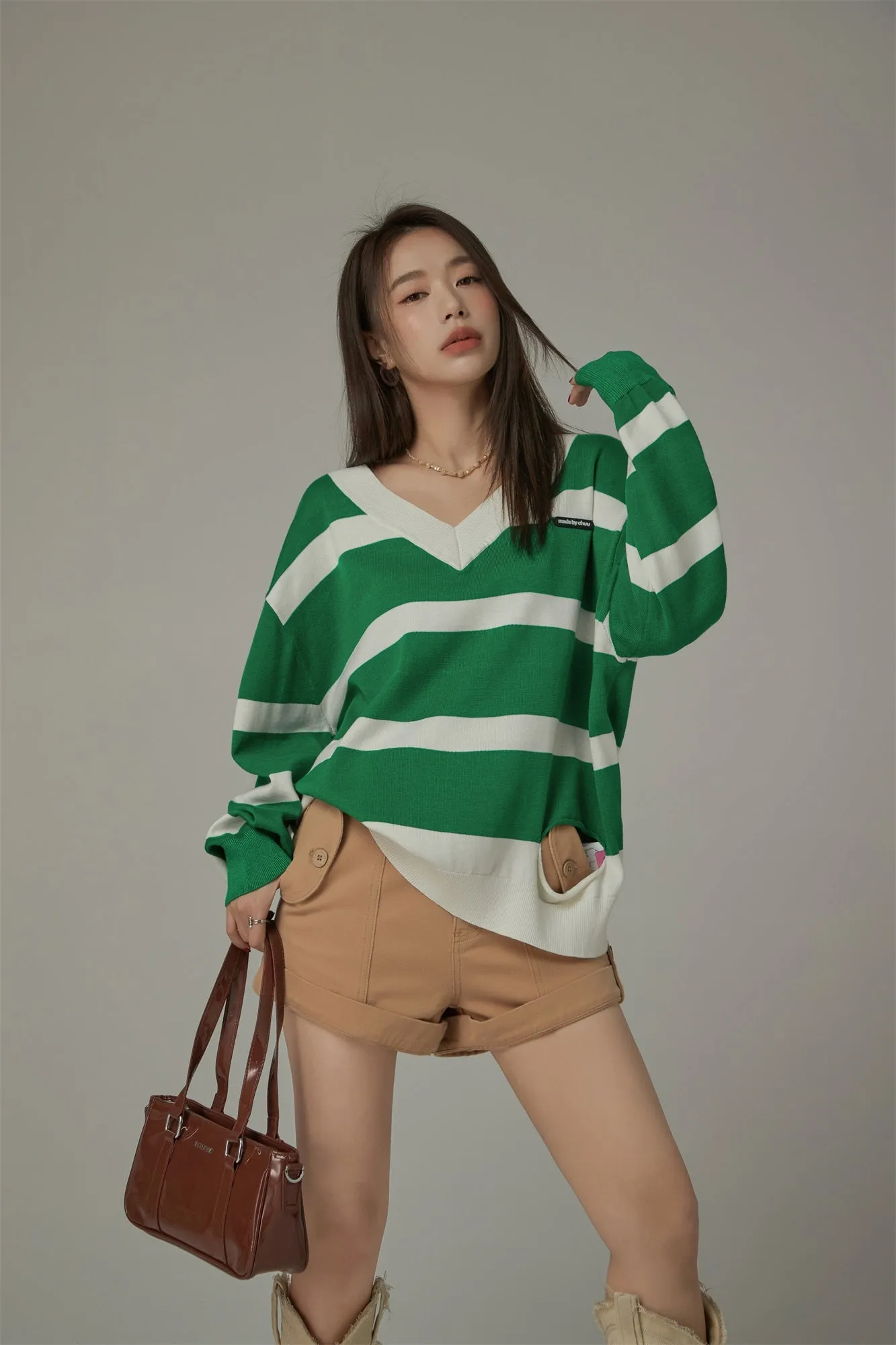 Color Matching V-Neck Striped Knit Sweater