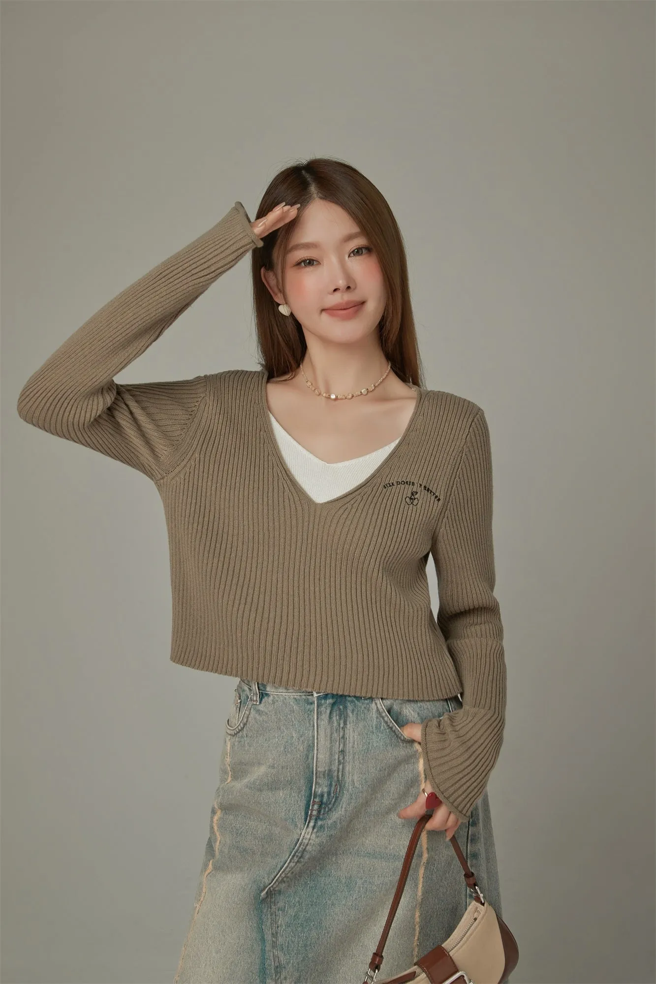 Color V-Neck Layered Knit Sweater