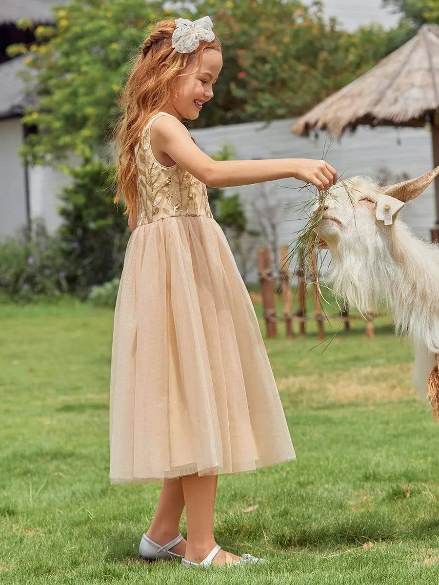 Dainty Sleeveless Tulle Flower Girl Dress for Wedding with Sequin