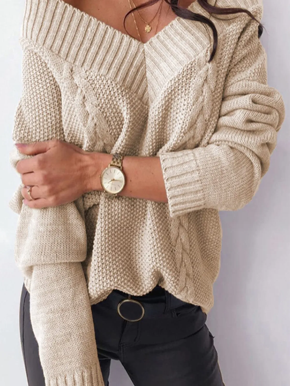 Deep V-Neck Cable Knit Sweater