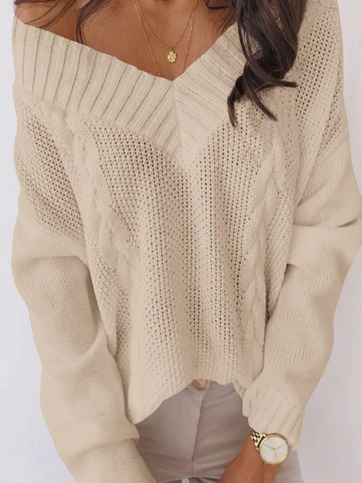 Deep V-Neck Cable Knit Sweater