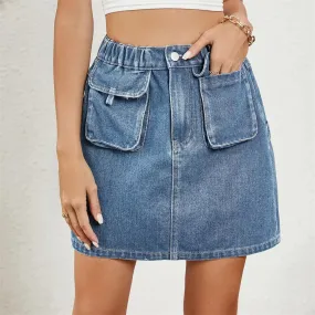 Denim Elastic Waist Casual Washed Streetwear Retro American Cargo Skirt