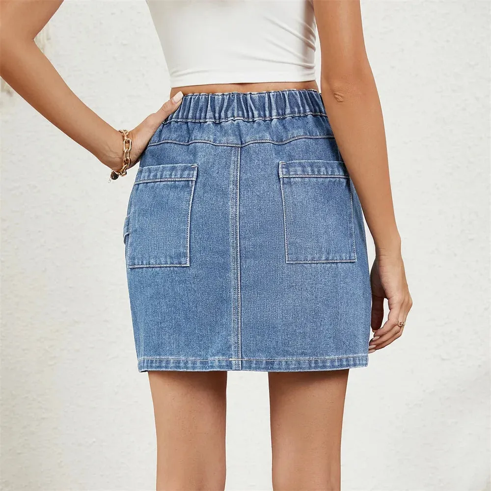 Denim Elastic Waist Casual Washed Streetwear Retro American Cargo Skirt