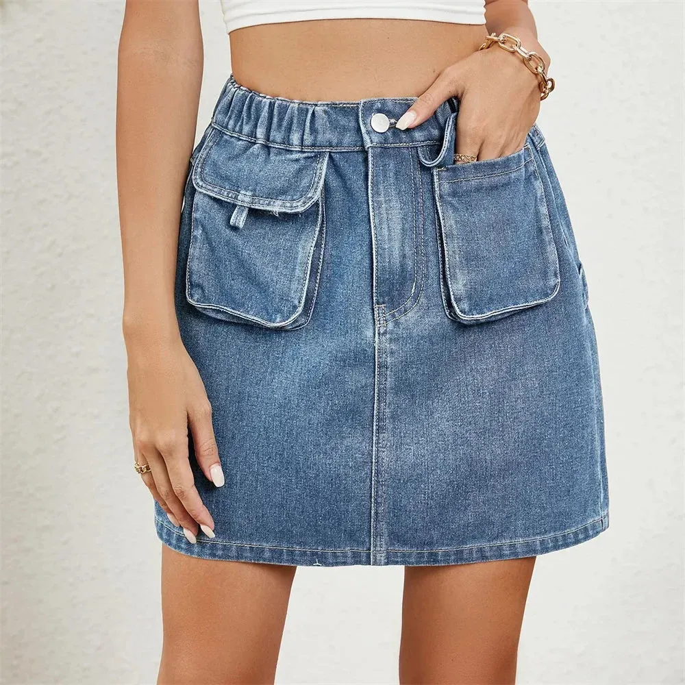 Denim Elastic Waist Casual Washed Streetwear Retro American Cargo Skirt