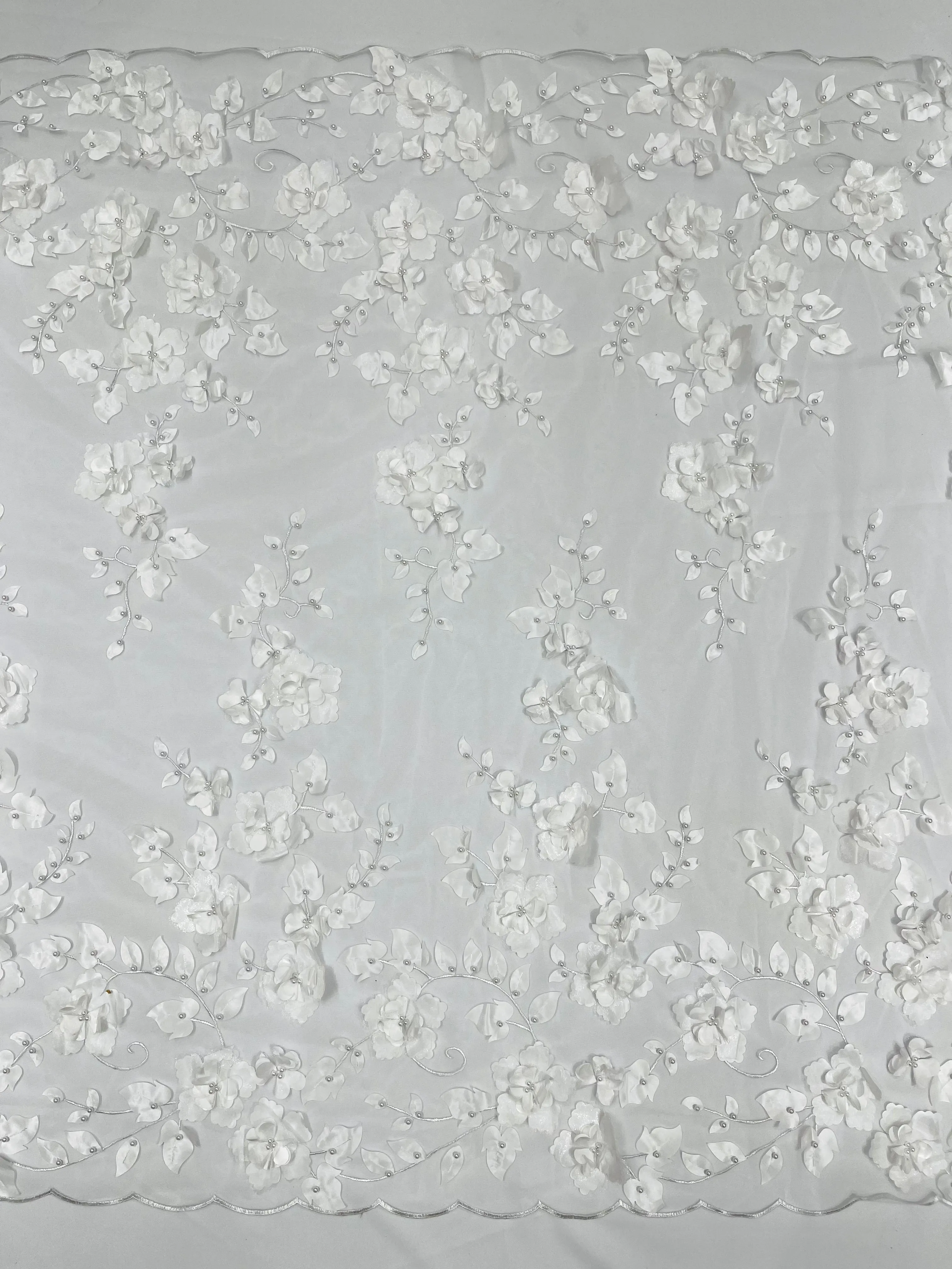 Double Scalp Orquidia 3d floral design embroider with pearl in a mesh lace fabric-sold by the yard